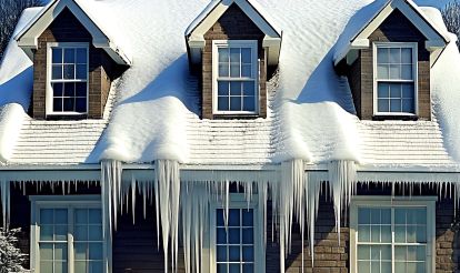 a home roof in the winter with ice dams on it
